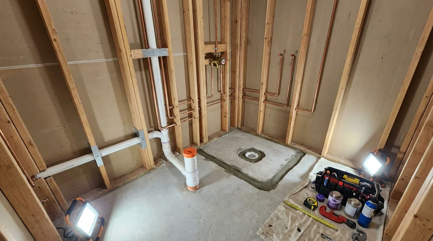 Bathroom rough-in plumbing during remodel by Johns Plumbing LLC in Mendham
