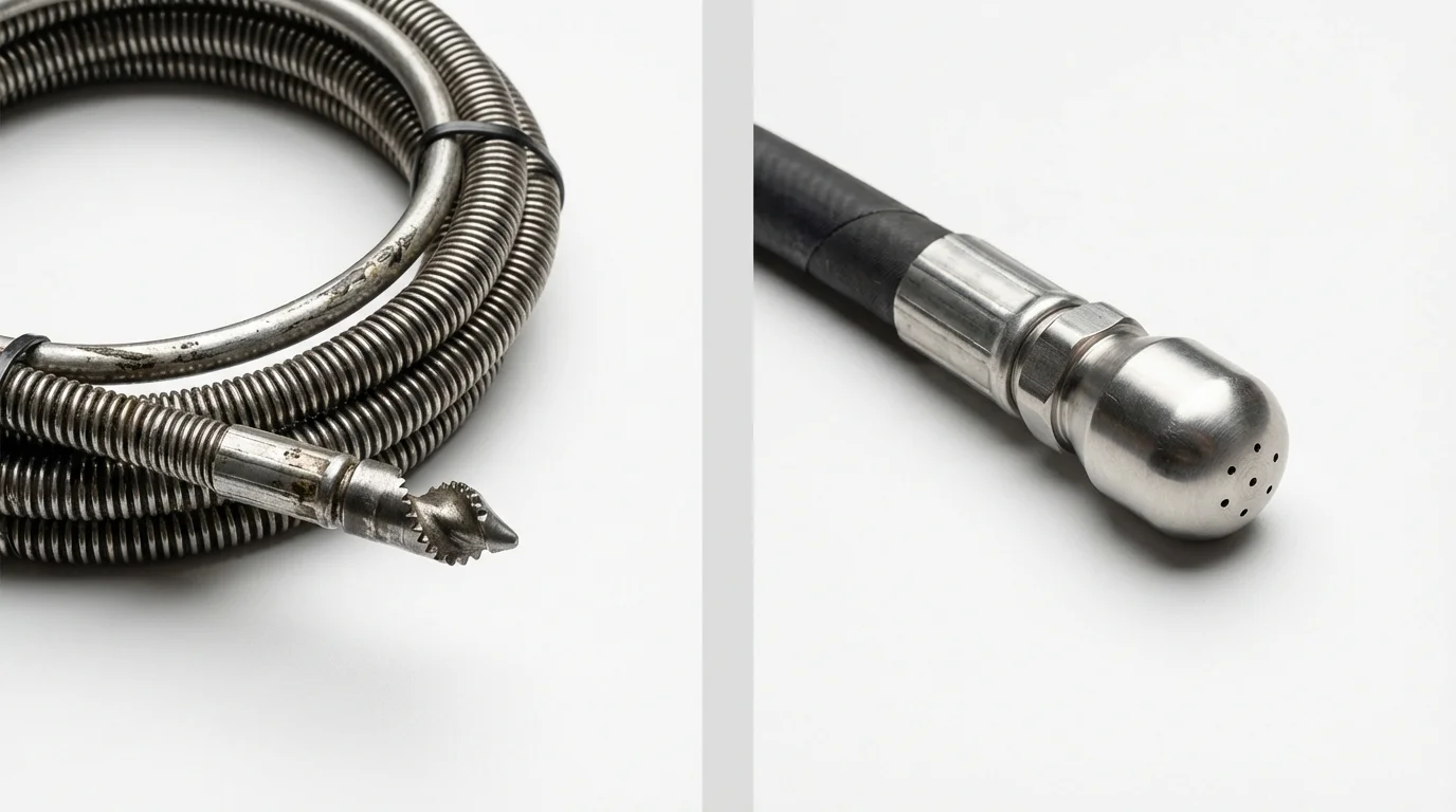 Drain snake cable and hydro jetting nozzle used for drain cleaning in Mendham, NJ