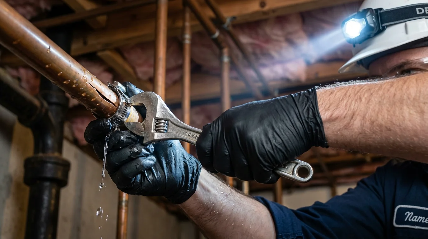 Emergency pipe clamp repair being performed by a Johns Plumbing LLC plumber in Mendham