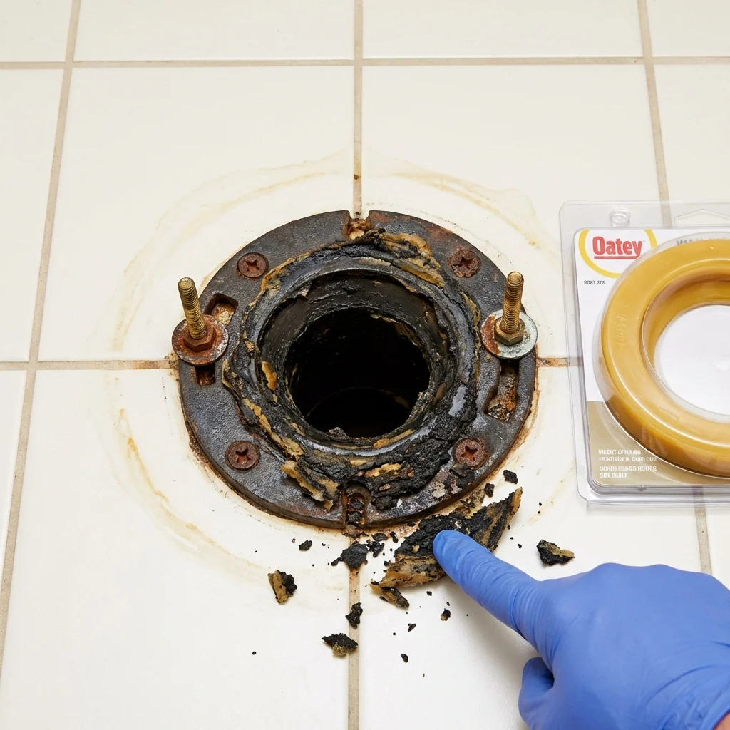 Failed wax ring showing water seepage at the base of a toilet in a Mendham, NJ home