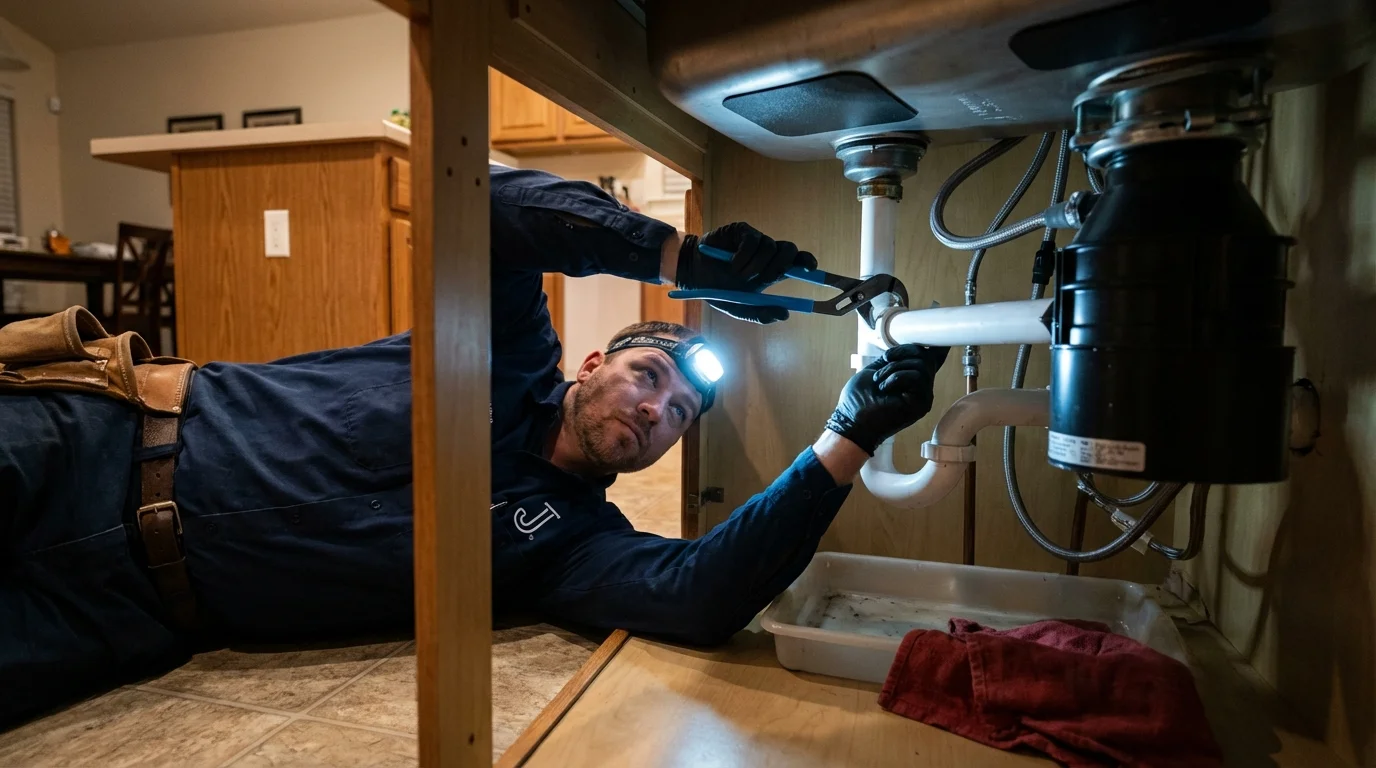 P-trap and supply line connections under a kitchen sink showing a common leak point in Mendham, NJ